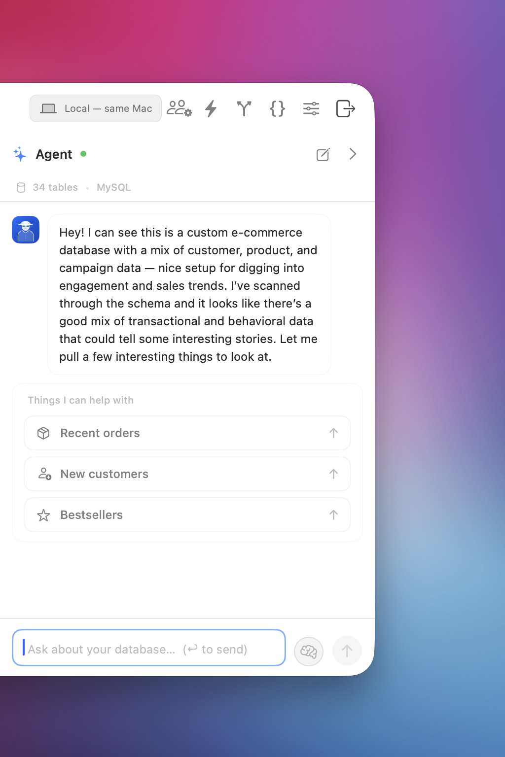 SQLAgent AI chat demo showing conversation with agent