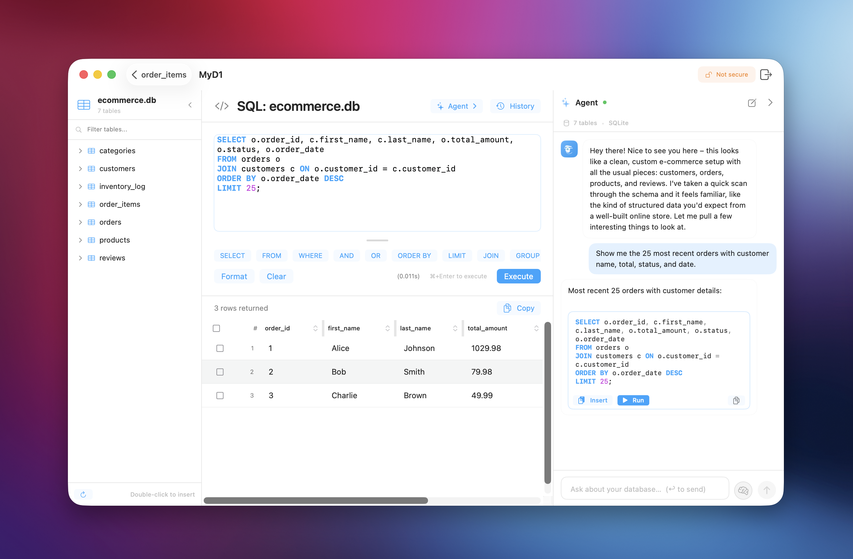SQLAgent — macOS app showing the agent panel and data grid