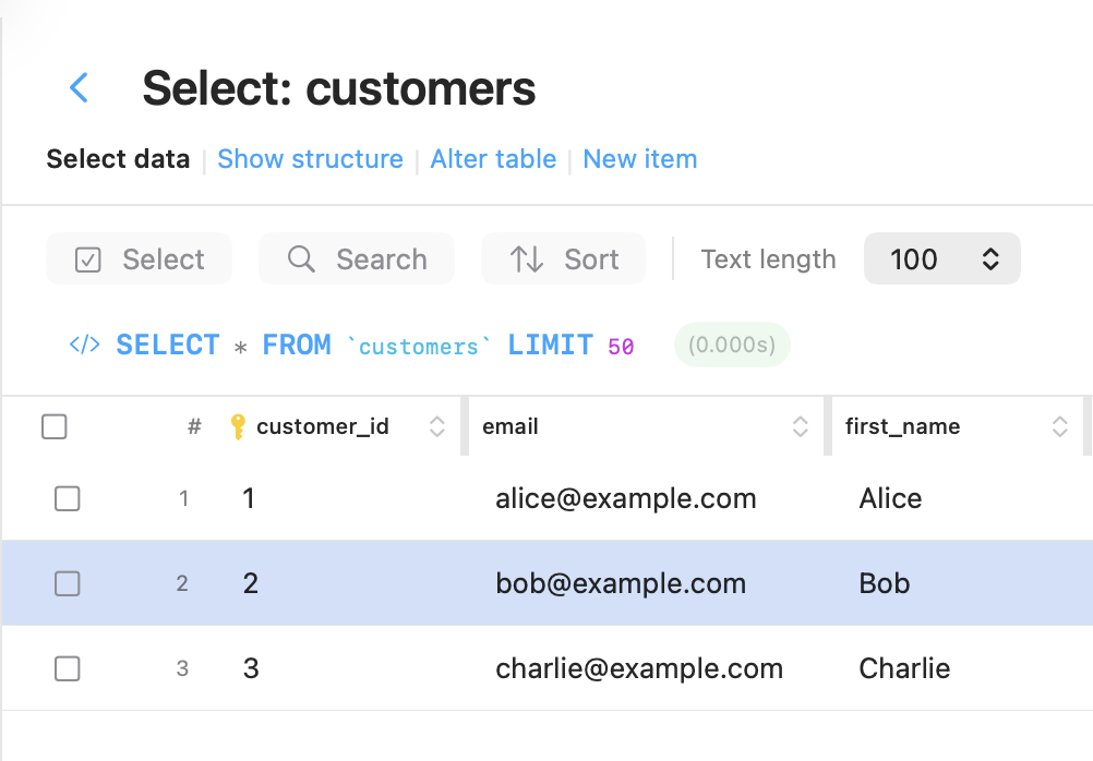 SQLAgent data browser showing customers table